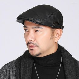 Berets Style Women's Men's Genuine Leather Cap In Autumn Winter Male Female Real Hat Beret Cowhide Peaked Warm