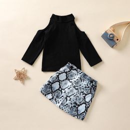 Clothing Sets Fashion Baby Girls Clothes Autumn Outfits Solid Colour Off Shoulder Turtleneck T-shirt And Snake Print Short Skirt Two Piece