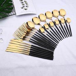 Dinnerware Sets 24pcs Black Gold Set Stainless Steel Cutlery Kitchen Fork Knife Spoon Tableware Flatware Silverware