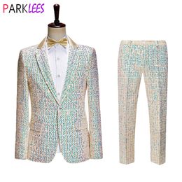 Men's Suits Blazers Luxury Tweed Shiny Sequin Mens with Pants Slim Fit One Button Dress Men Party Wedding Groom Dinner Costume Homme 3XL 221201