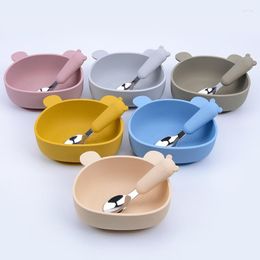 Bowls Bear Bowl Silicone Anti-fall Sucker Baby Children's Feeding Tableware Plate Spoon Fork Set