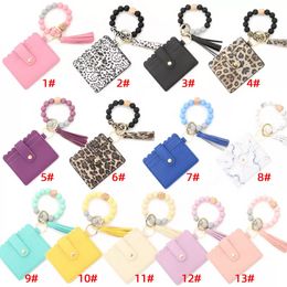 Silicone Bead Bracelet Favour Leopard Card Bag Wood Beaded PU Leather Tassel Keychain Portable Ladies Wallet with Snap Party Supplies ss1202