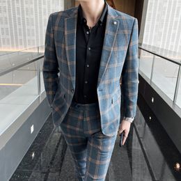 Men's Suits Blazers British Style Slim Fit Blazer Two Piece Set Jacket Pants High End Handsome Plaid Gentleman Suit Trousers 221201