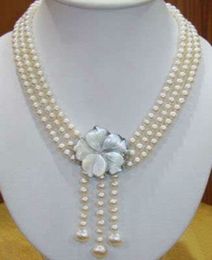 Wonderful 7-8MM 3Rows White Cultured Pearl Shell Clasp Necklace