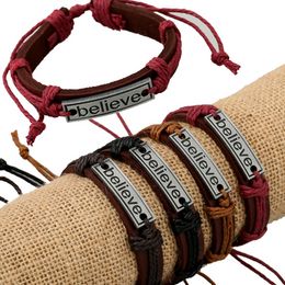 Encouraging Believe Leather Bracelet Adjustable Alloy Identification Chain Bangle Cuff Women Men Fashion Jewellery