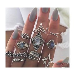 Band Rings Fashion Jewellery Retro Carved Flower Ring Diamond Hollow Out Leaf Band Rings Combination Set 11Pcs/Set Drop Delivery Dh0Ey