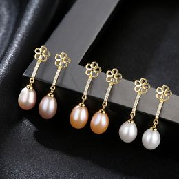 Retro freshwater pearl plated 18k gold flower dangle earrings women Jewellery fashion temperament lady exquisite s925 silver earrings accessories gift