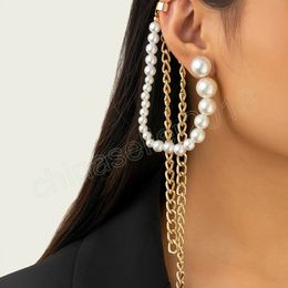 Elegant Imitation Pearl Long Tassel Clip Earrings for Women Wed Bridal Vintage Ear Cuff Piercing Jewellery Accessories