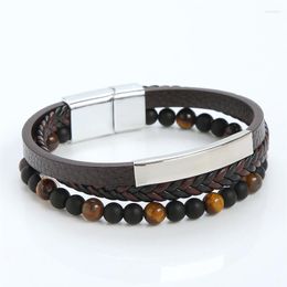 Charm Bracelets Fashion 3-Layer Beads Braided Leather Men Bracelet Magnetic Clasp Mutilayer Tiger Eye Stone Bangles Man Jewellery