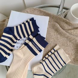 Socks Navy Stripe Letter Embroidery Fashion Medium Long Tube Women Warm and Breathable