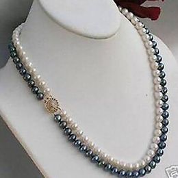 2rows 7-8mm black white freshwater Cultivation pearl necklace 17-18"