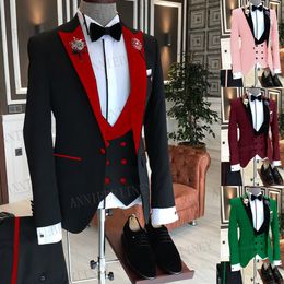 Men's Suits Blazers Formal Business Men 3 Pieces Male Jacket Custom Fashion Groom Wedding Tuxedo Red Velvet Lapel Blazer Vest Pants 221201