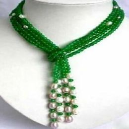 3 Strands 6mm Green Jade Round Gems 7-8mm White Pearl Necklace 50''