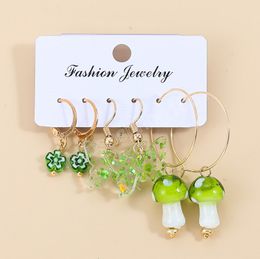 3pairs/set Green Colour Acrylic Flower Butterfly Dangle Earrings Set for Women Girls Cute Trendy Mushroom Earring Statement Jewellery