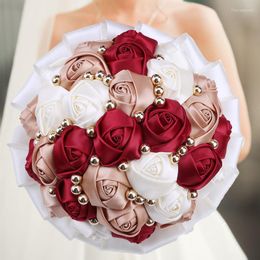 Decorative Flowers 1PC/LOT Pure White Silk Wedding Bouquet With Silver Gem Color Bridal Flower Bowknot Holding