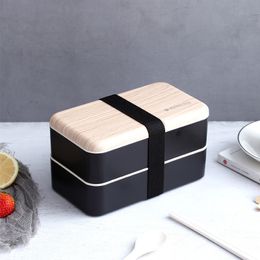 Lunch Boxes 1200ml Fashion Wooden Cover Lunch Box With Spoon Double Layer Portable Microwave Bento Box Healthy Plastic Food Container 221202