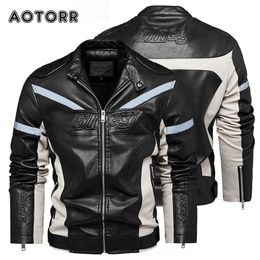 Men's Leather Faux Jacket Reflective Cool Zipper Fleece Warm Coats Male Windbreaker Motorcycle Biker PU Plus Size 221202