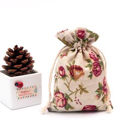 Gift Wrap 50Pcs/lot 10x14cm Linen Printed Cotton Bags Packing Jewellery Drawstring Pouch Cosmetic Wedding Candy Wrappling Reusable 221202