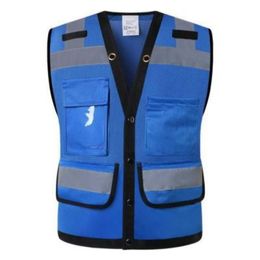 Blue Safety Vest Chest 142cm Mens Mesh Safety Work-Vest Zipper Front Safety-Vest Reflective with Pockets