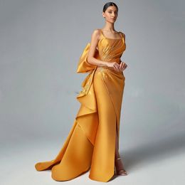 2023 Square Neck Overskirt Mermaid Evening Dresses Orange Satin Pleats Backless Big Bow Celebrity Gown Beading Vestido De Novia Gala