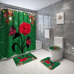 Bath Accessory Set 4pcs Shower Curtain Mat Pedestal Rug Lid Toilet Cover Combination Floor Christmas Flower Home Decoration