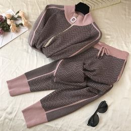 Fashion designer autumn winter Womens Tracksuits sportswear new color contrast long sleeve fashion stand collar knit zipper cardigan top pants 2 piece warm winter
