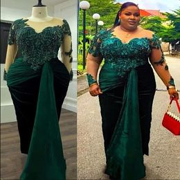 Hunter Green Mermaid Prom Dresses with Long Sleeve Arabic Aso Ebi Luxurious Crystal Beaded Occasion Evening Gown Plus Size
