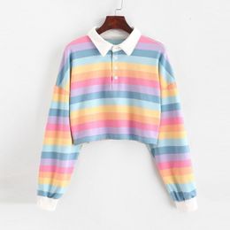 Women's Hoodies Sweatshirts Shirt Long Sleeve Rainbow Color Ladies With Button Striped Korean Style 221201