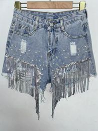 Women's Jeans Waist Beads Tassel Denim Shorts Summer Beading Wide Leg Thin Oversized S-5xl Size Korean Streetwear Women Clothes 221202