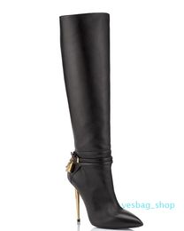 Winterstiefel für Damen, lange Stiefel von TOM-FORD-BOOT, Kalbsleder, Damenbeute mit Vorhängeschloss und goldenen Absätzen, spitze Zehenpartie, 03, Partykleid-Pumps, 35–42, hohe Stiefel