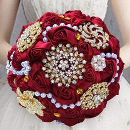 Decorative Flowers Golden Rhinestone Brooch Wedding Bouquet For Bride Bridesmaid High Quality Ribbon Many Size And Colours W3217G