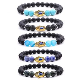 Evil Eye Bracelet 8mm Natural Black Lava Stone Blue Eyes Beads Handmade Elasticity Bracelet for Men Women Yoga Reiki Jewelry