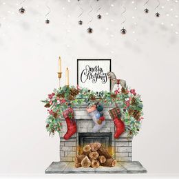 Other Decorative Stickers Merry Christmas Fake Fireplace with fire Gift Wall for Living Room Kitchen Home Sticker Decor 221202