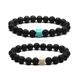 Charm Bracelets Fashion 8Mm Natural Black Lava Stone Bracelet Square Turquoise Beads Lovers Bracelets For Men Women Gifts Drop Deliv Dh5Ol