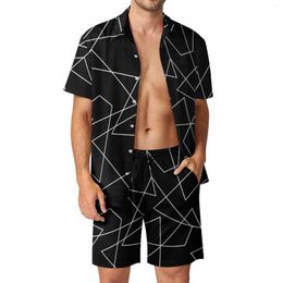 Men's Tracksuits Abstract Geometry Beach Men Sets White Line Print Casual Shirt Set Summer Printed Shorts 2 Piece Streetwear Suit Large Size