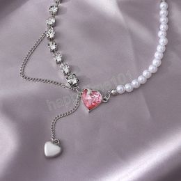 Luxury Pink Heart Zircon Pendant Choker Necklace Charm Design Jewellery Women's Neck Splicing Chain Gift Lady Necklace Trend