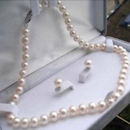 Genuine Natural 7-8mm White Cultured Pearl Necklace 18" Earrings Set
