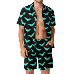 Men's Tracksuits Spooky Halloween Print Men Sets Turquoise Bats Casual Shorts Vacation Shirt Set Summer Vintage Suit Short Sleeve Oversized