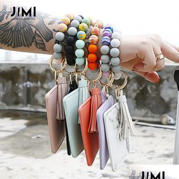 Key Rings Women Girls Sile Beaded Bracelet Outdoor Sports Key Ring Keyring Circle Keychain Wristlet Jewellery With Wallet Card Purse D Dhdi9