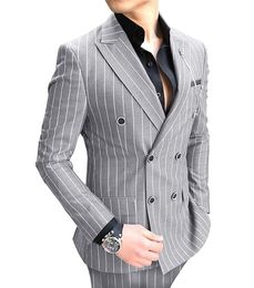 Men's Suits Blazers Silver Striped Suit 2 Pieces Double breasted Notch Lapel Flat Slim Fit Casual Tuxedos For Wedding Blazer Pants 221202