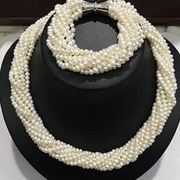 Charming jewelry 9rows 3-4mm white freshwater pearl twist necklace bracelet set