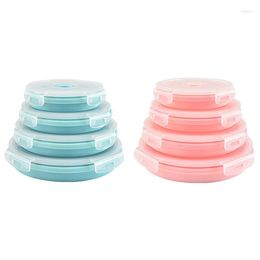 Dinnerware Sets 4pcs/set Portable Folding Lunch Boxes Round Silicone Lunchbox Microwave Bento Box Kitchen Containers WB953