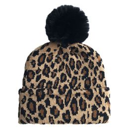 M0281 Autumn Winter Kids Adult Leopard Knitted Hat Faux Fur Ball Children Warm Skull Beanies Caps Leopard Hat