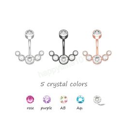 Navel Bell Button Rings Sexy Belly Button Ring Reversed Bar Barbell 316L Surgical Steel 5 Crystals Navel Piercing Ombligo Body Jew Dhozj