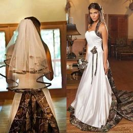 A-Line Camo Wedding Dress Long Train Halter Neck Backless Country Bridal Gowns Cowgirls Farm Forset Vestido De Novia 2023 Robe