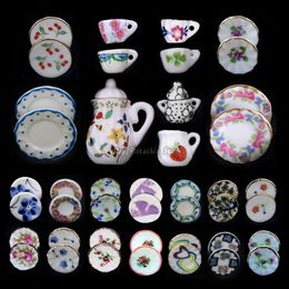 Kitchens Play Food 15pcs 1 61 12 Miniature Ceramic Mini Tea Cup Set Printed Pattern Tableware Kitchen Dollhouse Furniture Toys for Kids 221202