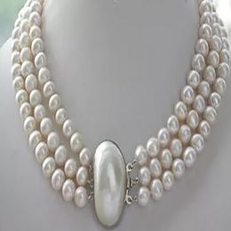 Charming Jewelry 3Rows 8-9mm White Pearl Necklace 17-19"AAAA