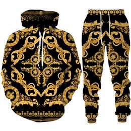 Men's Tracksuits Baroque Style 3D Printed Crown Golden Chain HoodiePantsSuit Casual Men's Pullover Sweatshirt Trousers Sportswear Tracksuit Set 221202