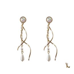 Stud Fashion Simple Metal Curve Geometric Tassel Pearl Stud Earrings Gifts Tide Minimalist Style Retro For Women Jewellery Drop Deliver Dhxlb