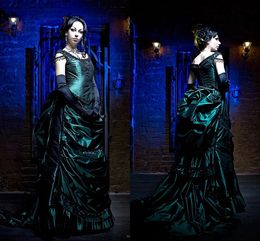 Vintage Victorian Bustle Dresses Evening Wear Emerald Green Scoop Neck Corset Ruched Pleats Historical Ball Gown Masquerade Prom Dress